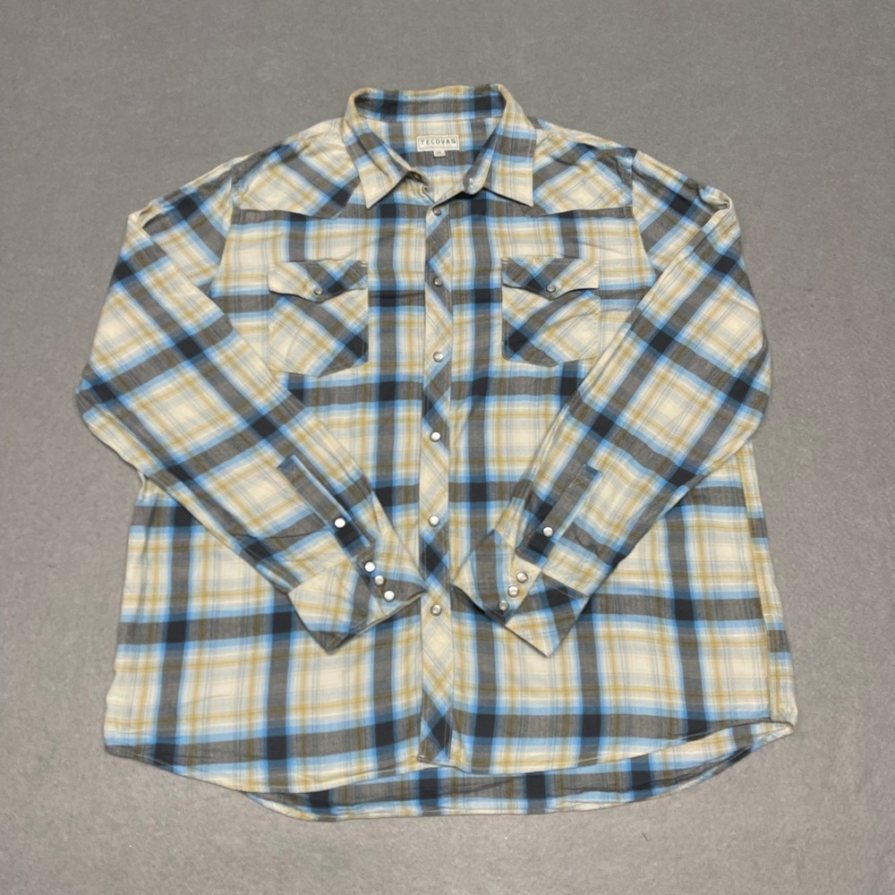 Tecovas Shirt Mens‎ XXL 2XL Blue Yellow Plaid Pearl Snap Western Top Long Sleeve